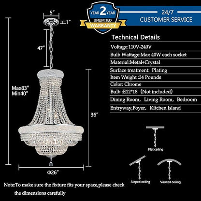 Crystal Chandeliers for Dining Room Light Fixture，Empire Style K9 Crystal Chandeliers for Entryway，18 Lights Chrome Luxury Lighting Fixtures for Living Room Bedroom Foyer Hallway D26 Inch