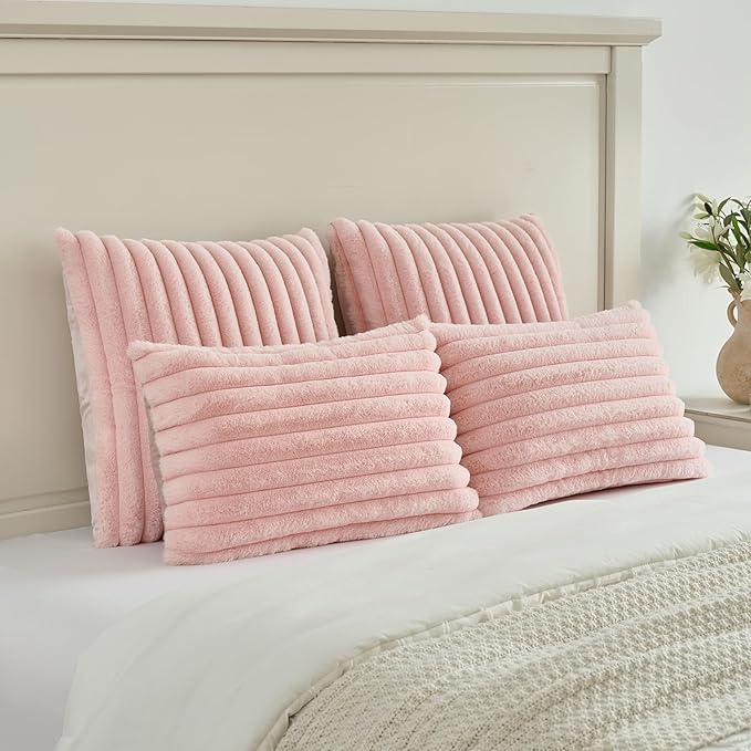 FUTEI Pack of 2 Solid Faux Fur Plush Throw Pillow Covers 18x18 Inch Soft Fluffy Striped Decorative Cushion Cases Modern Farmhouse Accent for Couch Bed Living Room, Pink