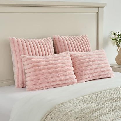FUTEI Pack of 2 Solid Faux Fur Plush Throw Pillow Covers 18x18 Inch Soft Fluffy Striped Decorative Cushion Cases Modern Farmhouse Accent for Couch Bed Living Room, Pink