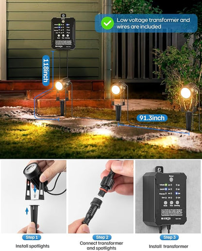 HIBOITEC Low Voltage Landscape Lighting with Transformer Photocell Sensor and Timer Spotlights Kit 68FT ETL Approved Wire Dimmable Waterproof 2700K for House Yard Trees Garden Plants Outdoor 8 Packs