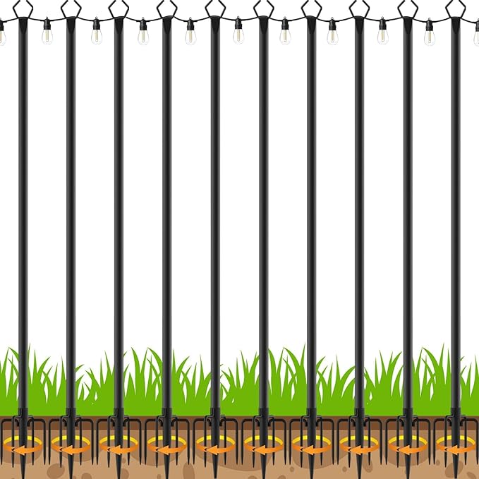 10 Pack 10 FT String Light Poles,Metal with Fork Lights Poles for Outdoor String Light, Rustproof Heavy Duty for Outside Garden,Patio,Wedding,Backyard,Deck,Party