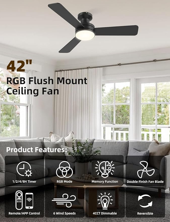 42" RGB Ceiling Fan with Light, Smart Fan with Alexa/Google/App Control, Flush Mount Ceiling Fan Light Music Sync, 6-Speed Quiet DC Motor, 4 CCT Dimmable Lighting for Living Room, Black