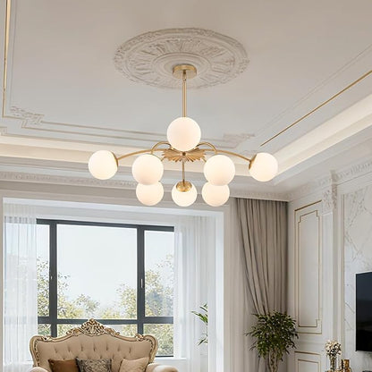 Longree 8-Light Gold and White Sputnik Chandeliers with Milk Glass Bubble Pendant Light Fixture, Blossom Accent Mid Century Sunburst Chandelier Frosted Glass Lighting for Dining Entry Living
