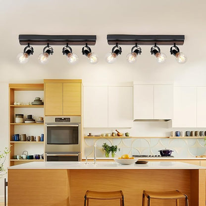 Farmhouse Wood Flush Mount Ceiling Light,Black Kitchen Track Lighting Fixtures Ceiling with Rotatable Light Heads,4 Light Track Lighting for Kitchen, Living Room, Bedroom.