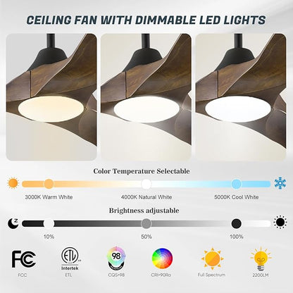 52 Inch Smart Ceiling Fan with Lights, Outdoor Ceiling Fans for Patios Damp Rated, 3 Blades Propeller Walnut Wood Farmhouse Ceiling Fan, Large Airflow DC Ceiling Fan with Remote/ APP/ Alexa Control