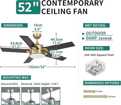 YITAHOME Black Gold Ceiling Fan with Light and Wall Switch Remote, 52 Inch Modern Ceiling Fan, Quiet Reversible Motor, Dimmable Fan with Light for Bedroom Living Room Patio Indoor