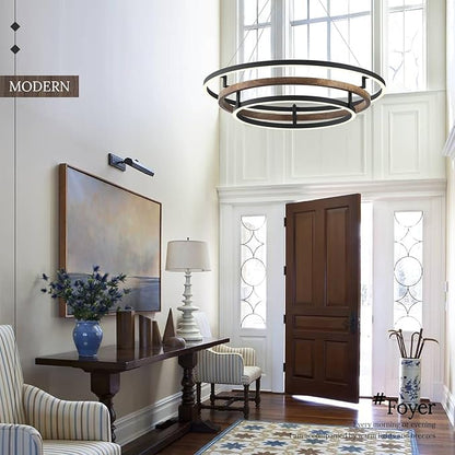 3 Ring LED Chandelier Walnut Wood Black Chandelier Light Fixture 31in Dimmable Modern Entry Chandeliers Wood-Printed Circular Light for Foyer Dining Room Bedroom Office Living Room