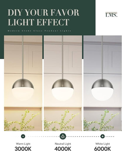 LMS 2 Pack Modern Pendant Lights, Mid Century Brushed Nickel Kitchen Lighting with White Globe Glass Shade, Adjustable Hanging Light Fixtures Ceiling Light for Home Office Dining Room, LMS-186BN2PK