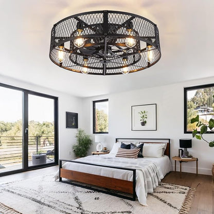 Depuley Low Profile Ceiling Fan: 26" Flush Mount Ceiling Fan Lights Reversible - Industrial Caged Ceiling Fans Light Fixture 6 Speeds for Bedroom Kitchen Black E26 Base Bulbs Not Included