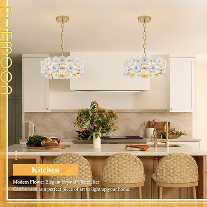 Flower Elegant Glass Chandeliers 4-Lights Modern Gold 14" Pendant Light Fixture for Kitchen Island Dining Room Bedroom Entryway Hallway, G9
