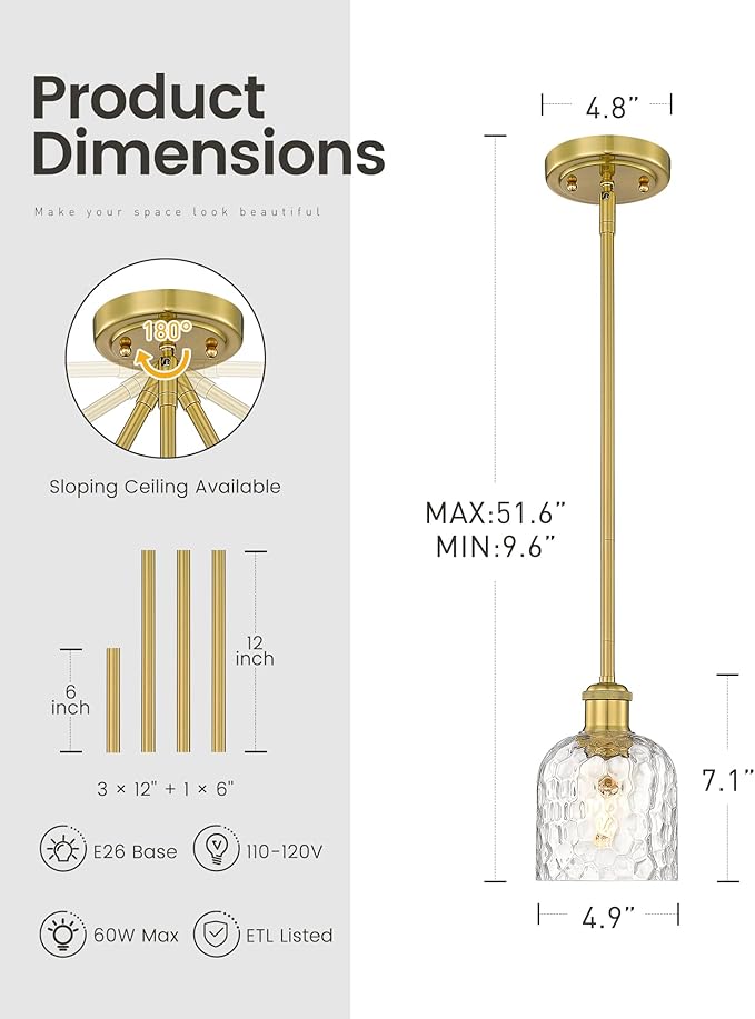 zeyu 1-Light Kitchen Pendant Lighting Fixture, Kitchen Island Ceiling Light, Vintage Pendant Light with Clear Hammered Glass, Brushed Gold Finish, ZJF63MIL BG