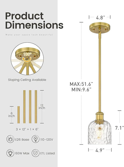 zeyu Modern 1 Light Hanging Lamp, Hanging Lighting Fixture Set of 2, Gold Pendant Light with Clear Hammered Glass, Brushed Gold Finish, ZJF63MIL-2PK BG