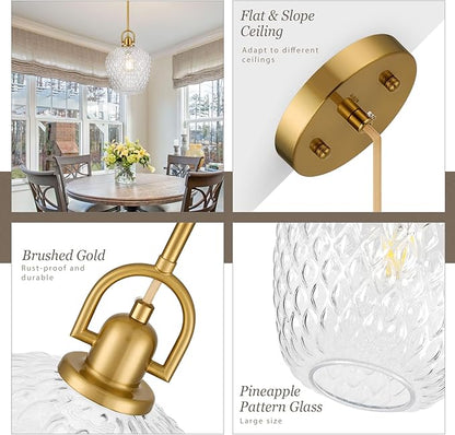 Brushed Gold Pendant Lights Kitchen Island, 10" Large Glass Pendant Light with Hammered Glass, Modern Hanging Lighting Fixtures for Kitchen Island Dining Room Entryway Foyer