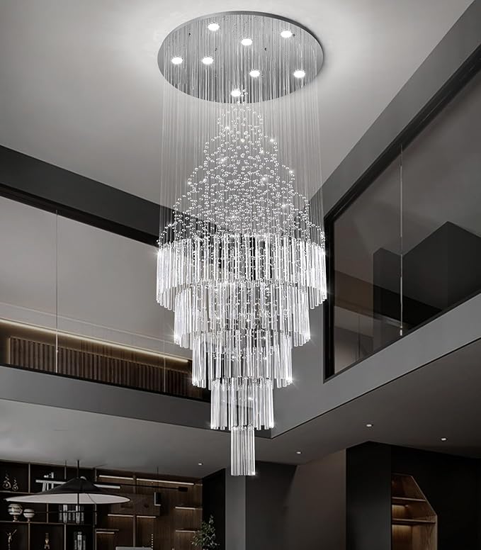 HAIXIANG W24 x H78 Crystal Glam Chandelier Long Light Chandeliers with Dimmable Light Bulbs High Ceiling Light Fixtures for Foyer Entryway Living Room Stair Silver