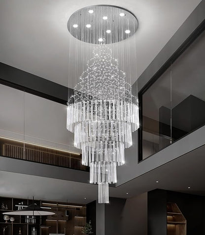 HAIXIANG W24 x H78 Crystal Glam Chandelier Long Light Chandeliers with Dimmable Light Bulbs High Ceiling Light Fixtures for Foyer Entryway Living Room Stair Silver
