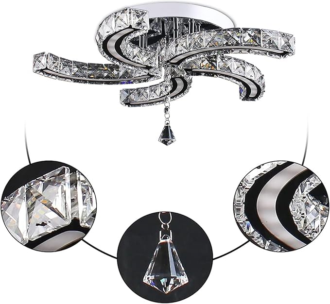 Finktonglan 19.7" Dimmable Crystal Semi Flush Mount Ceiling Light with Remote, 5-Light LED Modern Chandelier, K9 Crystal & Acrylic, 25W, 3000K–6500K Adjustable, Bedroom Living Room Dining