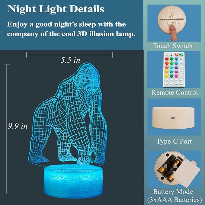 Gorilla Night Light, Gorilla Gifts, Ape 3D Illusion Night Light, 16 Colors Changing, Remote Control with Timer, Kids Room Decoration Monkey Gifts for Boy