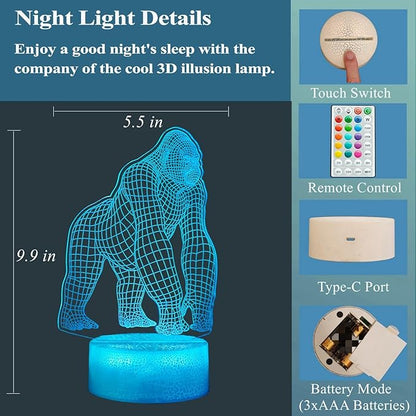 Gorilla Night Light, Gorilla Gifts, Ape 3D Illusion Night Light, 16 Colors Changing, Remote Control with Timer, Kids Room Decoration Monkey Gifts for Boy