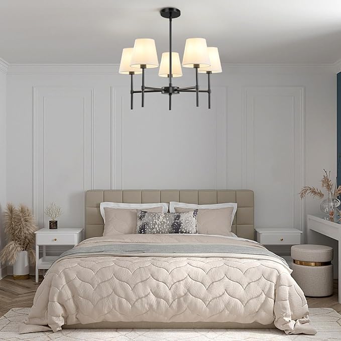 RUIYEY Dining Room Chandeliers Light - 5-Light 25.6 Inch Black Modern Chandeliers Light Fixtures with White Fabric Shade, Height Adjustable Pendant Island Lights for Entryway Farmhouse