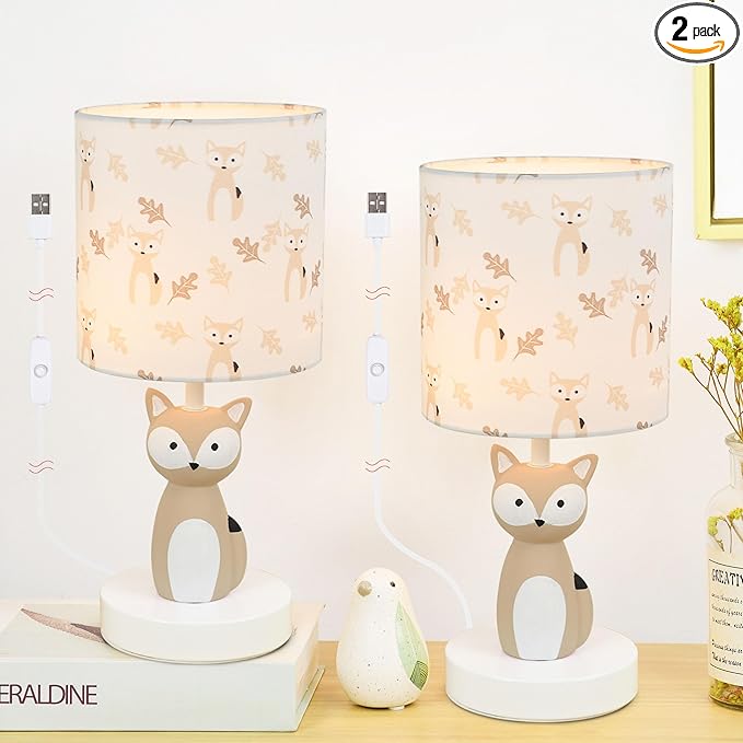 Fox LED Table Lamps with USB Port DC5V,Set of 2,Light Brown Kids Table Lamp,Night Light for Kids Room,Nursery,Bedroom,Kitchen Counter,Gameroom,Φ5.91×H12.88IN,Hand-Made
