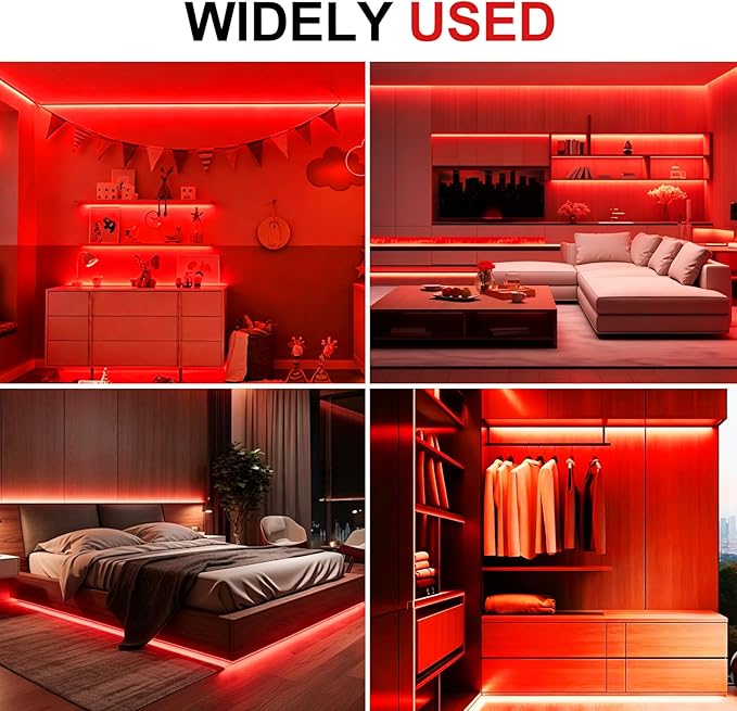 Red LED Strip Light 16.4ft – Dimmable, Waterproof, Flexible & Cuttable – 12V UL Listed Adapter – 3M Tape – DIY for Bedroom, Party, Bar, Festival
