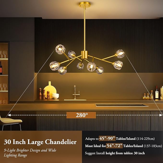 9-Light Sputnik Chandeliers, Gold Dining Room Light Fixture Over Table, Modern Crystal Chandelier, Brass Farmhouse Ceiling Light Fixture Hanging for Kitchen Island Living Room Bedroom Hallway