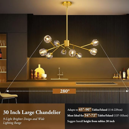 9-Light Sputnik Chandeliers, Gold Dining Room Light Fixture Over Table, Modern Crystal Chandelier, Brass Farmhouse Ceiling Light Fixture Hanging for Kitchen Island Living Room Bedroom Hallway
