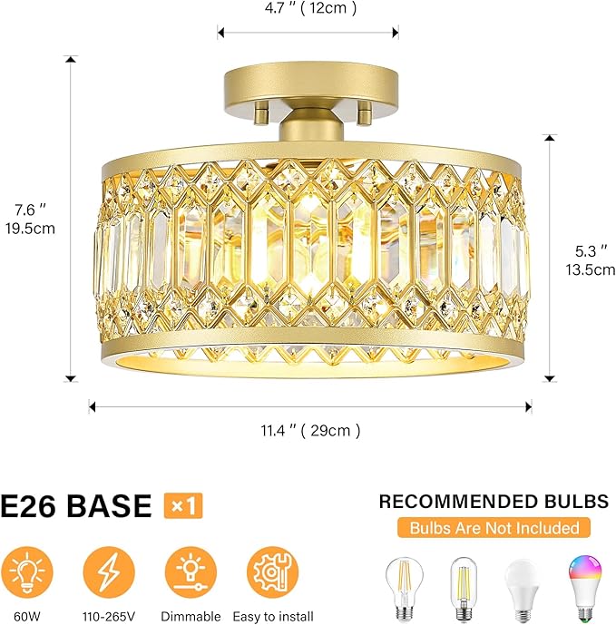 YURNYQ Crystal Ceiling Light Fixture, Modern Semi Flush Mount Ceiling Light, Gold Lighting Fixtures Ceiling Lamp for Hallway, Kitchen, Entryway, Bedroom, Laundry Room, 1-Light, 11.4 Inch