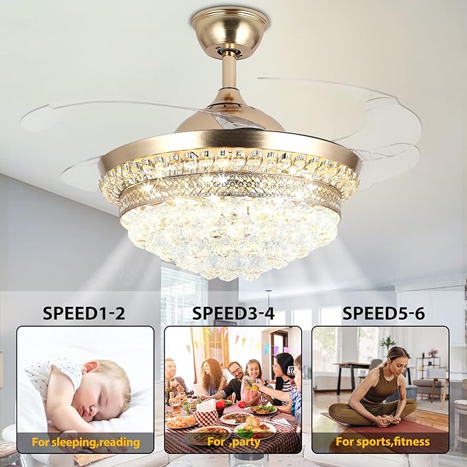 42" Invisible Ceiling Fan Chandelier with Light,Modern Crystal Ceiling Fan Light Remote Control 4 Retractable ABS Blades for Bedroom Living Dining Room Decoration (Golden)