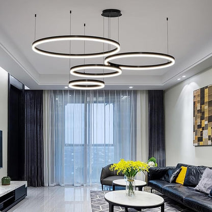 Mikeru Modern 4 Ring Chandelier Light, LED Pendant Light Fixtures with Remote Control 3000k-6500K Adjustable Color Temperature Light for Living Room, Bedroom, Kitchen