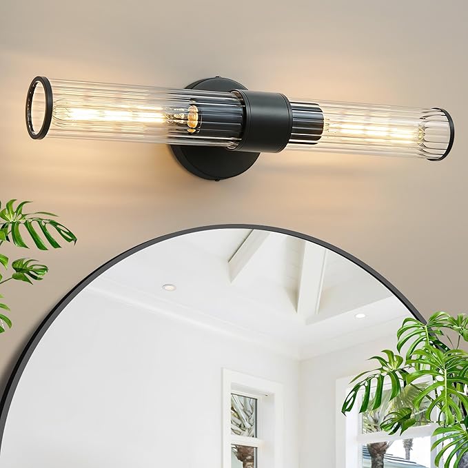 Bathroom Vanity Light Fixtures, Black Wall Sconces in Threaded Glass, Modern Wall Light for Bathroom Living Room Bedroom, Hallway - Bulb Not Included