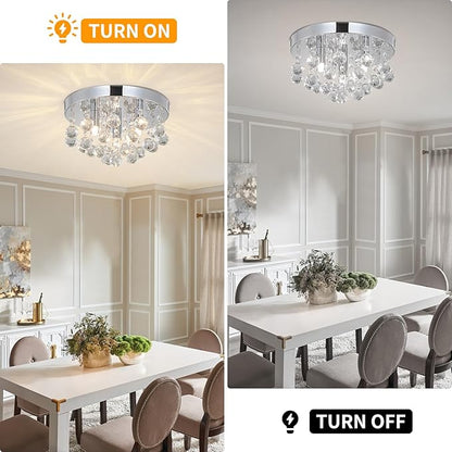 TISLYCO Modern Raindrop Crystal Chandelier, 3 Lights Flush Mount Ceiling Light, Silver Modern Mini Ceiling Light Fixture for Bedroom, Dining Room, Living Room, Hallway, Closet, Bathroom