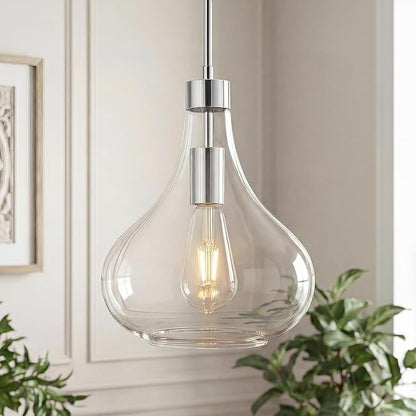 Modern Glass Pendant Light 9.44 in Clear Glass Shade Chrome Farmhouse Island Pendant Lights for Kitchen Pendant Lighting Over Sink Bedroom Dining Room