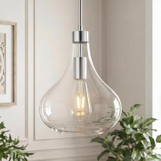 Modern Glass Pendant Light 9.44 in Clear Glass Shade Chrome Farmhouse Island Pendant Lights for Kitchen Pendant Lighting Over Sink Bedroom Dining Room