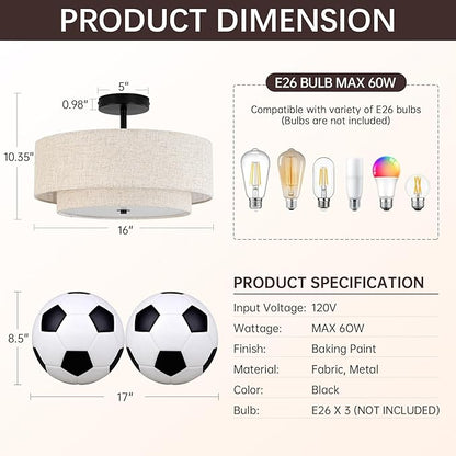 16" Semi Flush Mount Ceiling Light, 3-Light Drum Ceiling Light Fixture with 2-Tier Fabric Linen Shade, Farmhouse Chandelier for Dining Room, Living Room, Bedroom, Kitchen, Hallway, Entryway