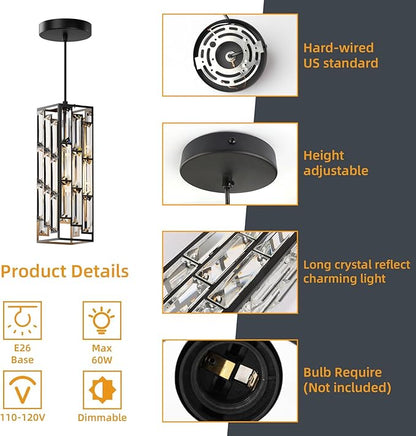 Black Pendant Lights Modern Pendant Light Fixture, Mini Crystal Pendant Ceiling Light, Pendant Light for Kitchen Island, Dinning Room, Bedroom, Kitchen Sink Lighting (3-Pack)