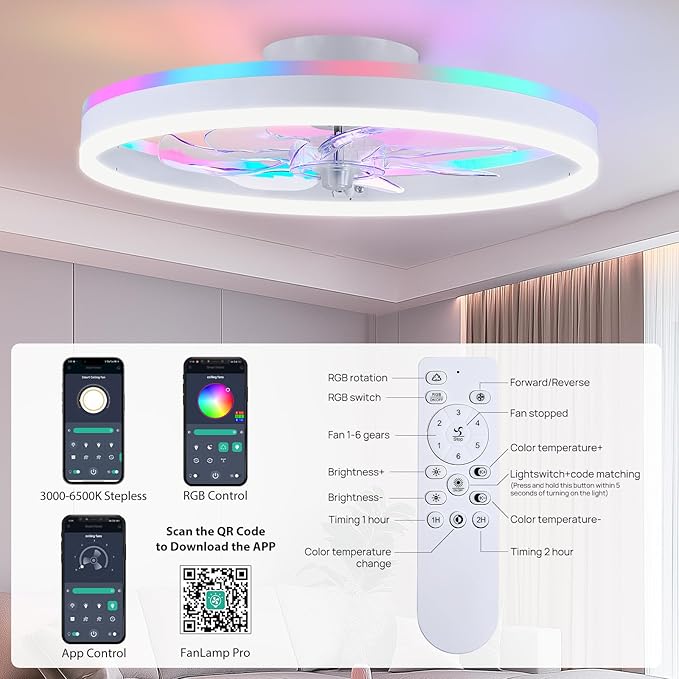 RGB Ceiling Fans with Lights, 20" Fandelier Low Profile Ceiling Fan with Light, Modern Flush Mount Ceiling Fan Light with Remote/APP Control, Bedroom Chandelier Fan Fixture for Indoor(White)