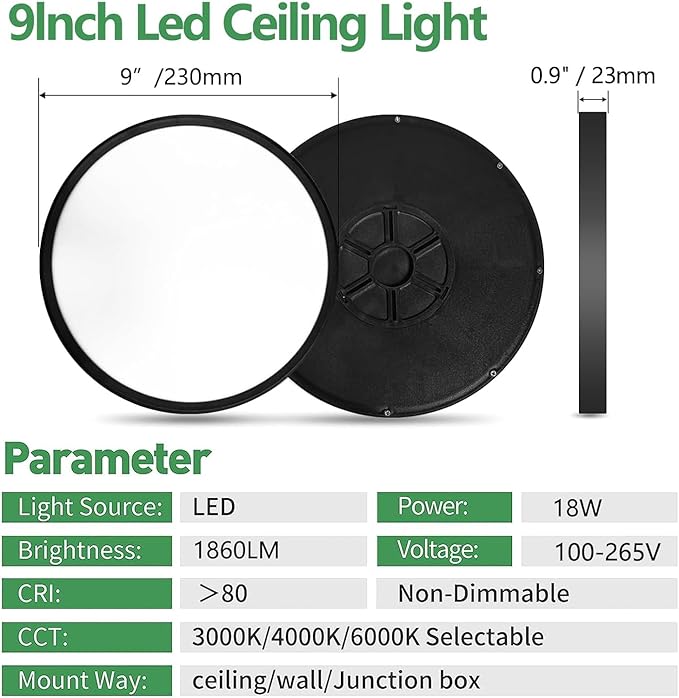 6PK 9 Inch LED Flush Mount Ceiling Light, 18W, 1860LM, 3000K/4000K/6000K CCT Selectable, Round Flat Panel Low Profile Ceiling Light Fixtures for Hallway, Kitchen, Bedroom, Laundry Room