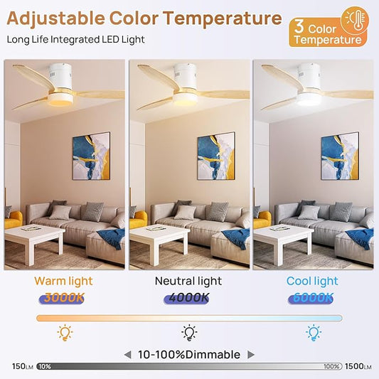 Sofucor 52 Inch Ceiling Fans with Lights and Remote, Modern Wood Low Profile Flush Mount Quiet Ceiling Fan for Bedroom, Reversible DC Motor for Living Room/Farmhouse/Patio/Indoor/Outdoor