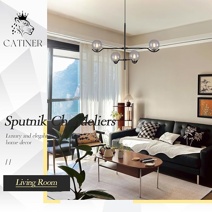 CATINER Modern Black Sputnik Chandelier, Large 4 Lights L31 '' Mid Century Long Ceiling Pendant Light with Smoke Gray Glass Globe Shades for High Ceiling Living Dining Room Foyer Bedroom