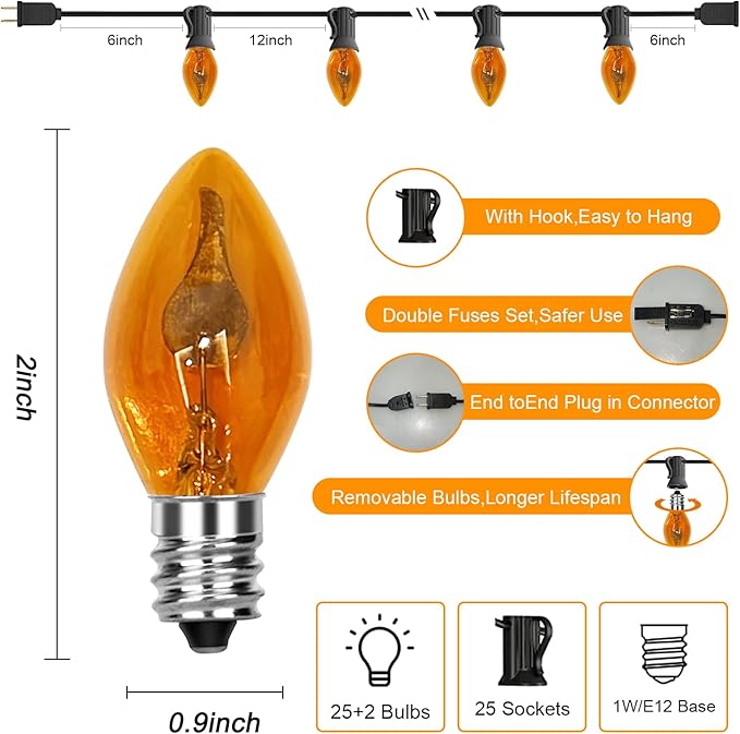 Abeja Orange Halloween Lights, 25FT Orange Flickering Lights String with 27 Flame Incandescent Blubs, Halloween Waterproof Flicker Lights for Spooky Thanksgiving Party Decor