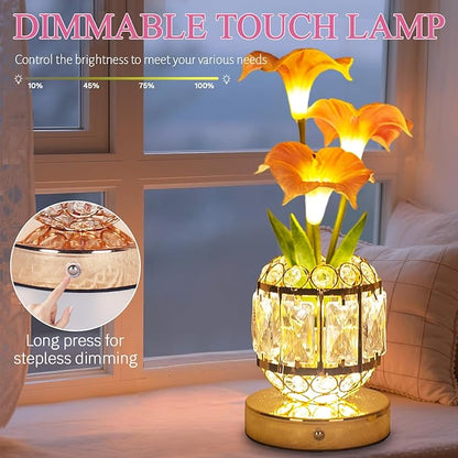 Flower Table Lamp, 3-Color Dimmable Artificial Flowers Night Light, Rechargeable Cordless Small Desk Lamp, Morning Glory with Crystal Vase for Party Date Home Decoration (Pink - Morning Glory)