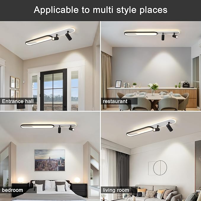 Modern LED Ceiling Light with 2 Spotlights 50W Black Linear Ceiling Light with Remote Control Dimmable (3000-6000k) 39.3Inch Room Ceiling Lamp for Living Room Bedroom Kitchen Laundry Hallway