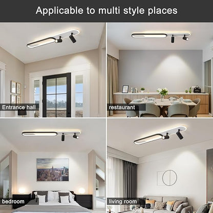 Modern LED Ceiling Light with 2 Spotlights 50W Black Linear Ceiling Light with Remote Control Dimmable (3000-6000k) 39.3Inch Room Ceiling Lamp for Living Room Bedroom Kitchen Laundry Hallway
