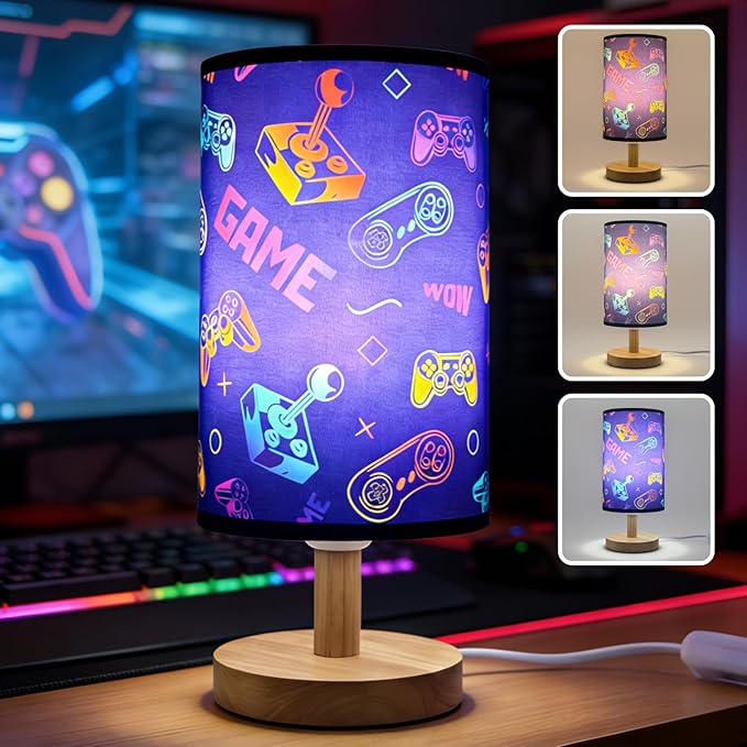 Video Game Lamp, Boy for Bedroom Reading Lamp-3-Way Dimmable Bedside Night Light with Cartoon Pattern Printed Shade and Wood Base for Kids Room,Game or Living Decor, Birthday Gifts for Boys
