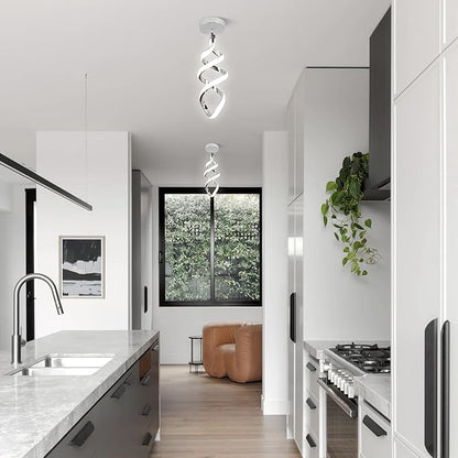 Modern Led Pendant Light Fixture, 15W Chrome Spiral Led Chandelier Hanging Lamp, 4500K Daylight White Pendant Lamp, Adjustable Height Pendant Light for Dining Room Bedroom Kitchen Island Cafe(2 Pack)
