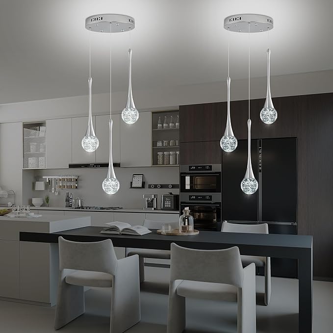 Modern Crystal Kitchen Island Chandelier 3-Lights Chrome, LED Dimmable Raindrop Indoor Lighting Fixture for Dining Room Foyer Entryway Remote Control