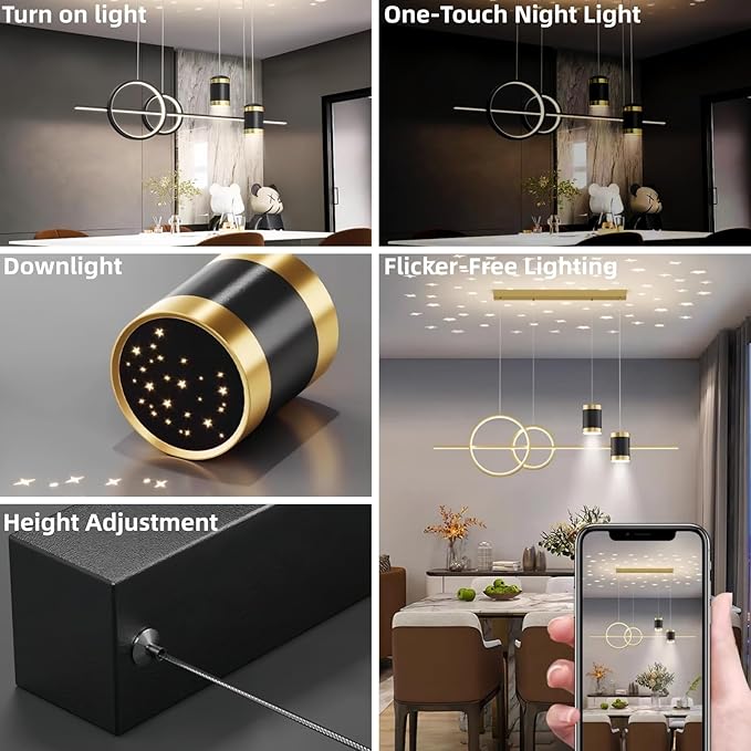 Modern LED Pendant Lights for Kitchen Island, Dimmable Led Linear Chandelier with Remote Control, 39in Gold Island Lighting Lamp Fixture for Office, Dining Room, Decorative Interior Lighting