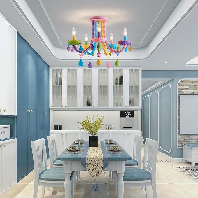 5-Light Children Candle Chandeliers, Modern Candy Design Flush Mount Close to Ceiling Light for Bedroom, Dining Room, Kitchen, Bathroom, D22 × H16 inch, Macaron Colorful Finish & K9 Crystal