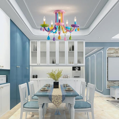5-Light Children Candle Chandeliers, Modern Candy Design Flush Mount Close to Ceiling Light for Bedroom, Dining Room, Kitchen, Bathroom, D22 × H16 inch, Macaron Colorful Finish & K9 Crystal
